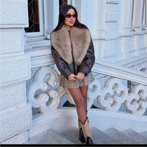 Zara Brown faux Leather Jacket with Fur Collar